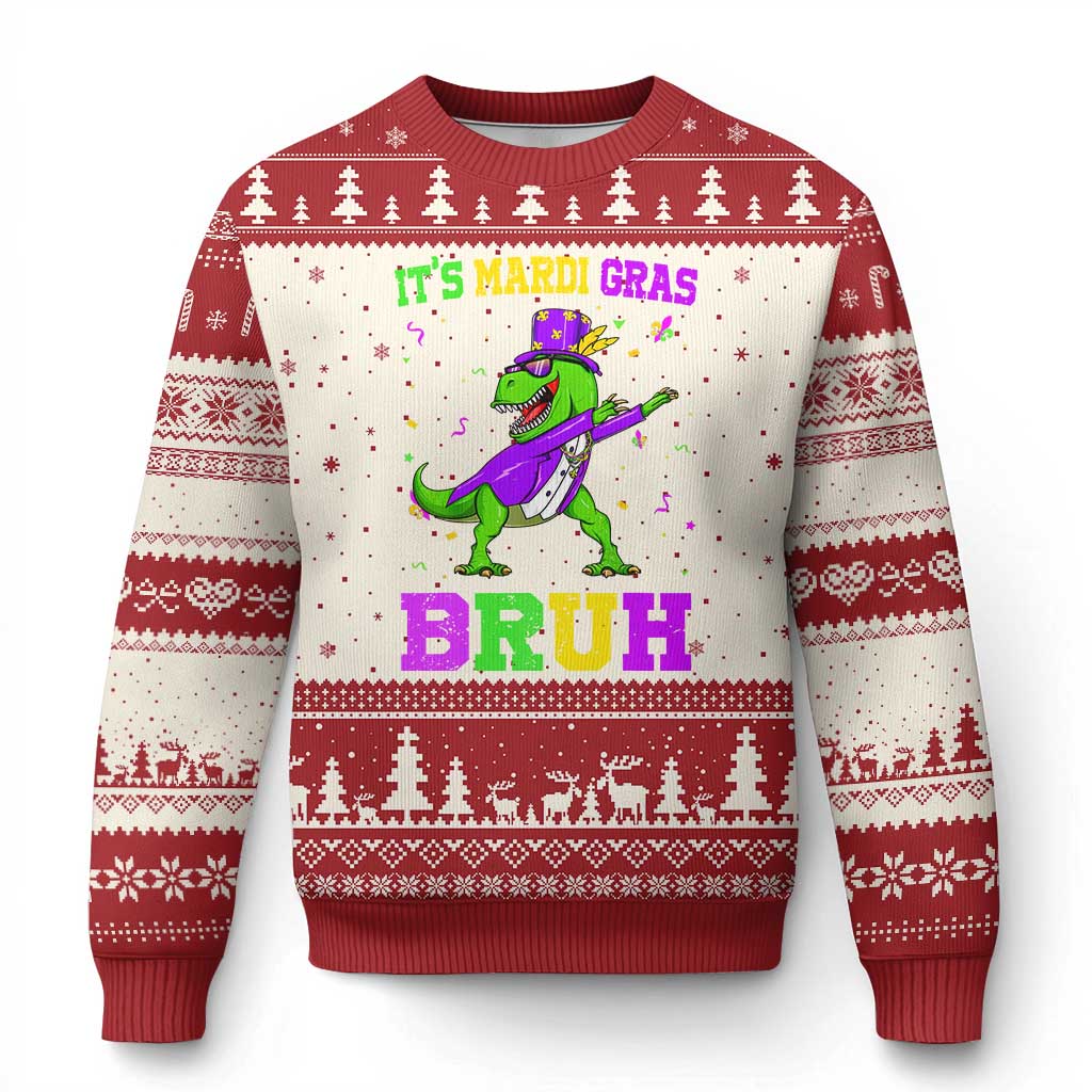 Bruh Mardi Gras Ugly Christmas Sweater Dinosaur Meme New Orleans Party Custume Beads TS10 Beige Red Print Your Wear