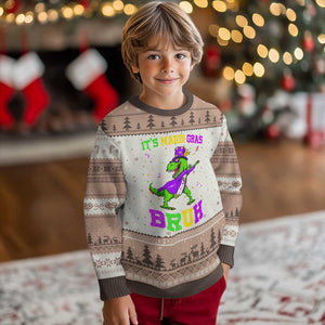 Bruh Mardi Gras Ugly Christmas Sweater Dinosaur Meme New Orleans Party Custume Beads TS10 Mocha Mousse Print Your Wear