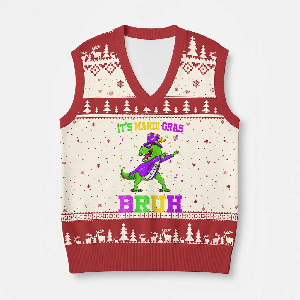 Bruh Mardi Gras V-Neck Knit Sweater Vest Dinosaur Meme New Orleans Party Custume Beads TS10 Beige Red Print Your Wear