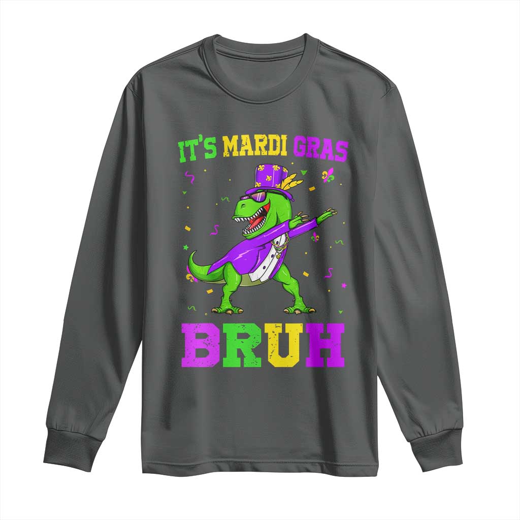 Bruh Mardi Gras Long Sleeve Shirt Dinosaur Meme New Orleans Party Custume Beads TS10 Dark Heather Print Your Wear