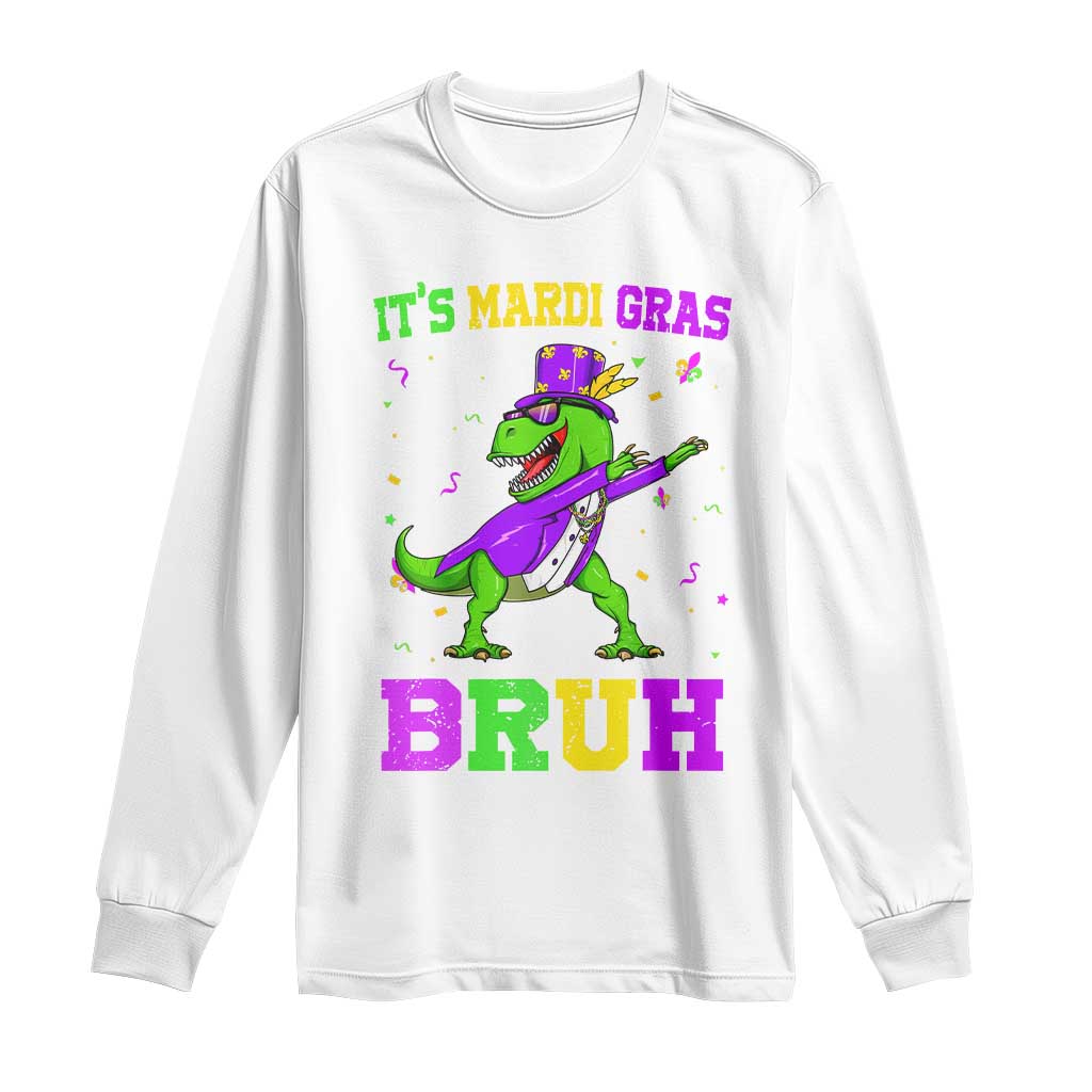 Bruh Mardi Gras Long Sleeve Shirt Dinosaur Meme New Orleans Party Custume Beads TS10 White Print Your Wear