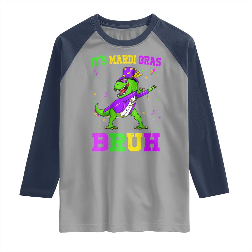 Bruh Mardi Gras Raglan Shirt Dinosaur Meme New Orleans Party Custume Beads TS10 Sport Gray Navy Print Your Wear