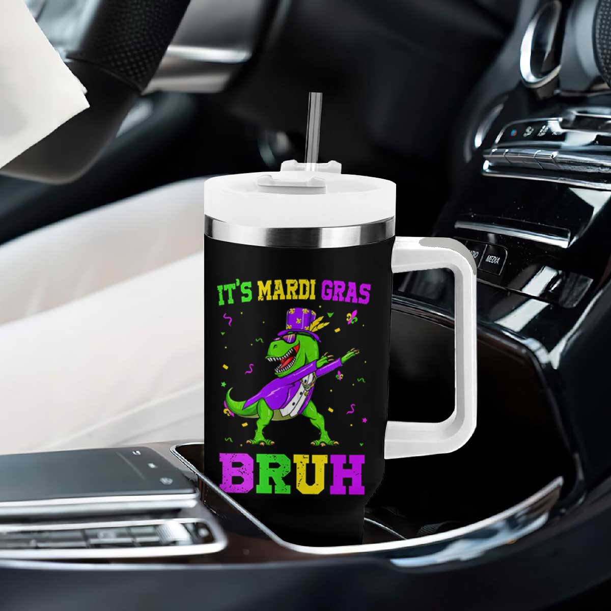 Bruh Mardi Gras Tumbler With Handle Dinosaur Meme New Orleans Party Custume Beads TS10 Print Your Wear