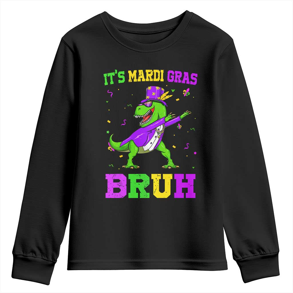 Bruh Mardi Gras Youth Sweatshirt Dinosaur Meme New Orleans Party Custume Beads TS10 Black Print Your Wear