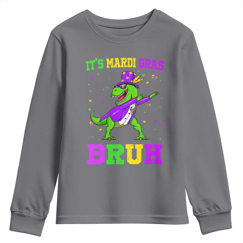 Bruh Mardi Gras Youth Sweatshirt Dinosaur Meme New Orleans Party Custume Beads TS10 Charcoal Print Your Wear