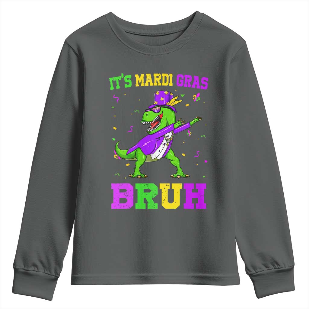 Bruh Mardi Gras Youth Sweatshirt Dinosaur Meme New Orleans Party Custume Beads TS10 Dark Heather Print Your Wear