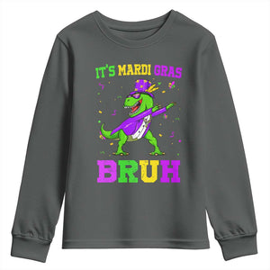 Bruh Mardi Gras Youth Sweatshirt Dinosaur Meme New Orleans Party Custume Beads TS10 Dark Heather Print Your Wear