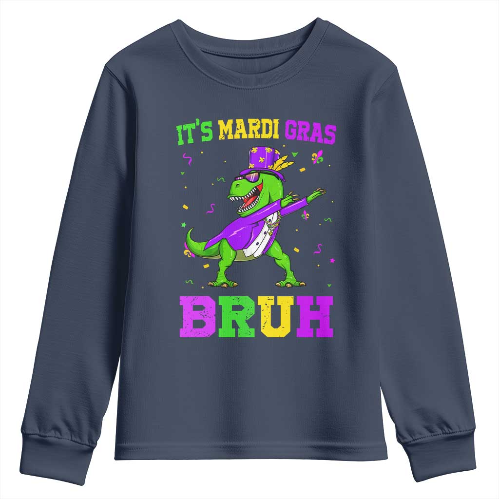 Bruh Mardi Gras Youth Sweatshirt Dinosaur Meme New Orleans Party Custume Beads TS10 Navy Print Your Wear