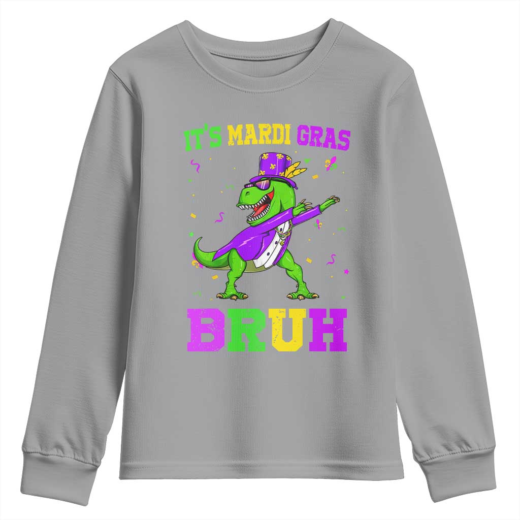 Bruh Mardi Gras Youth Sweatshirt Dinosaur Meme New Orleans Party Custume Beads TS10 Sport Gray Print Your Wear