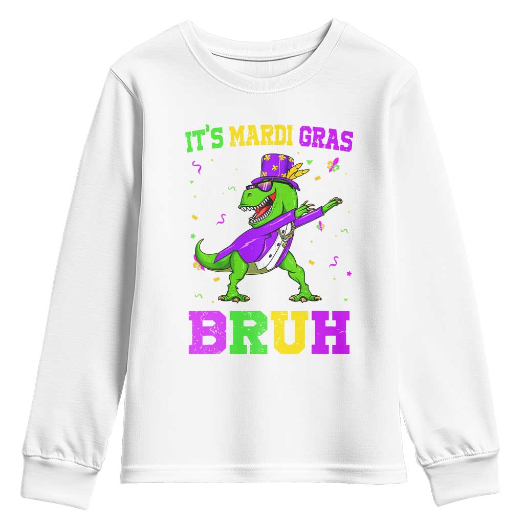 Bruh Mardi Gras Youth Sweatshirt Dinosaur Meme New Orleans Party Custume Beads TS10 White Print Your Wear