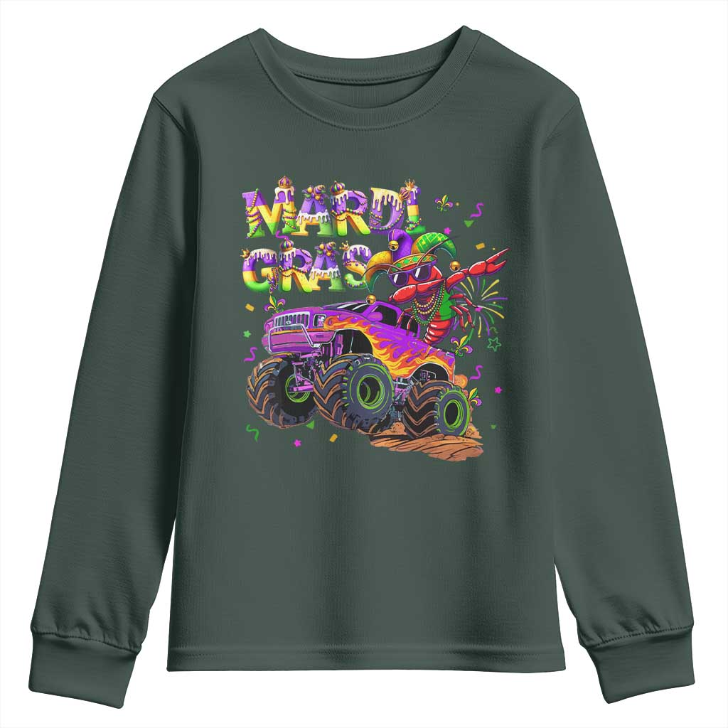 Mardi Gras Youth Sweatshirt Dabbing Crawfish Monster Truck TS10 Dark Forest Green Print Your Wear