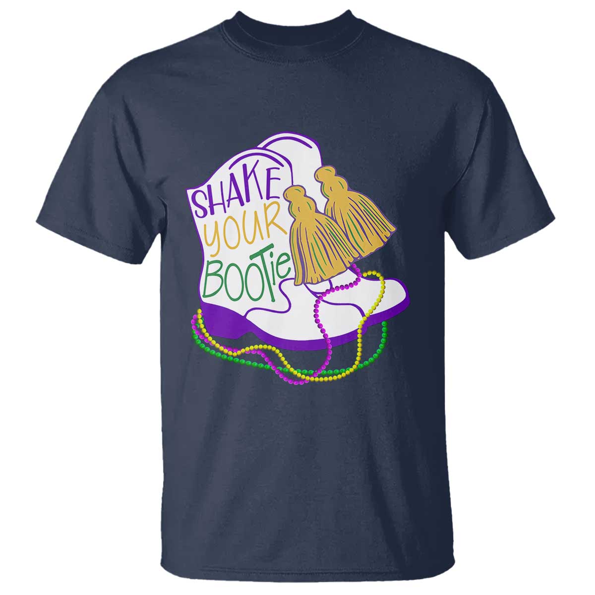 Mardi Gras T Shirt Shake Your Bootie Bead Boots TS10 Navy Print Your Wear