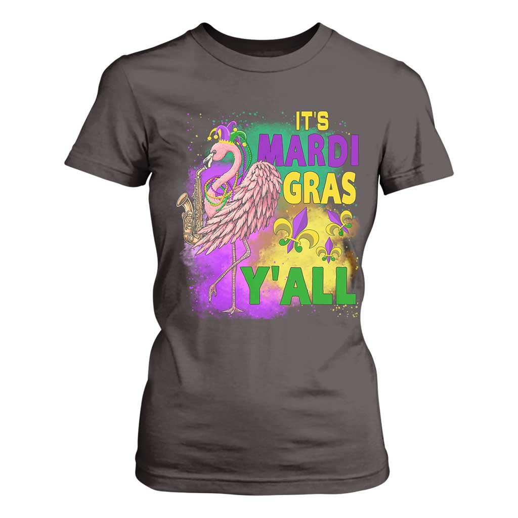 Its Mardi Gras Yall T Shirt For Women Funny Carnival Flamingo TS10 Dark Chocolate Print Your Wear