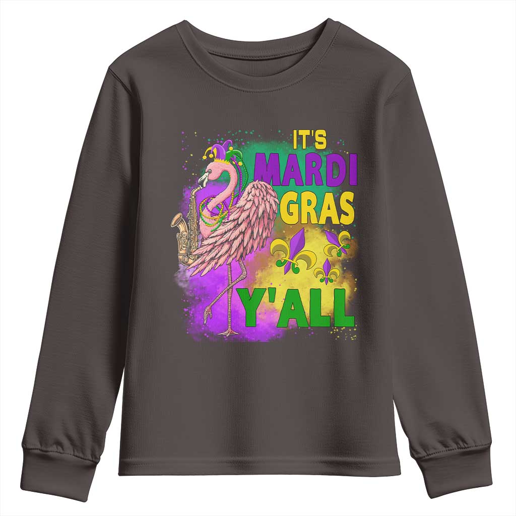 Its Mardi Gras Yall Youth Sweatshirt Funny Carnival Flamingo TS10 Dark Chocolate Print Your Wear