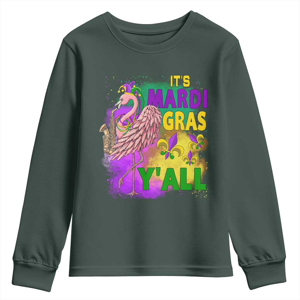 Its Mardi Gras Yall Youth Sweatshirt Funny Carnival Flamingo TS10 Dark Forest Green Print Your Wear
