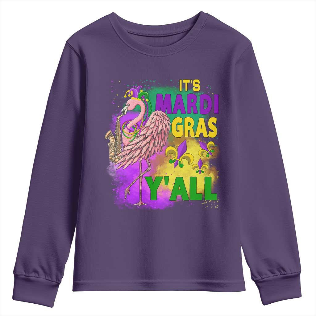 Its Mardi Gras Yall Youth Sweatshirt Funny Carnival Flamingo TS10 Purple Print Your Wear