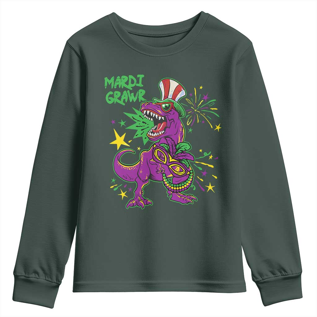 Mardi Gras Dino Youth Sweatshirt Toddler Kids Boys Gift Mardi Grawr TS10 Dark Forest Green Print Your Wear