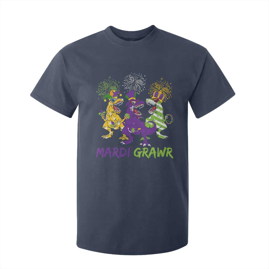 Mardi Gras Dinosaur T Shirt For Kid Dino Mardi Grawr Firework TS10 Navy Print Your Wear