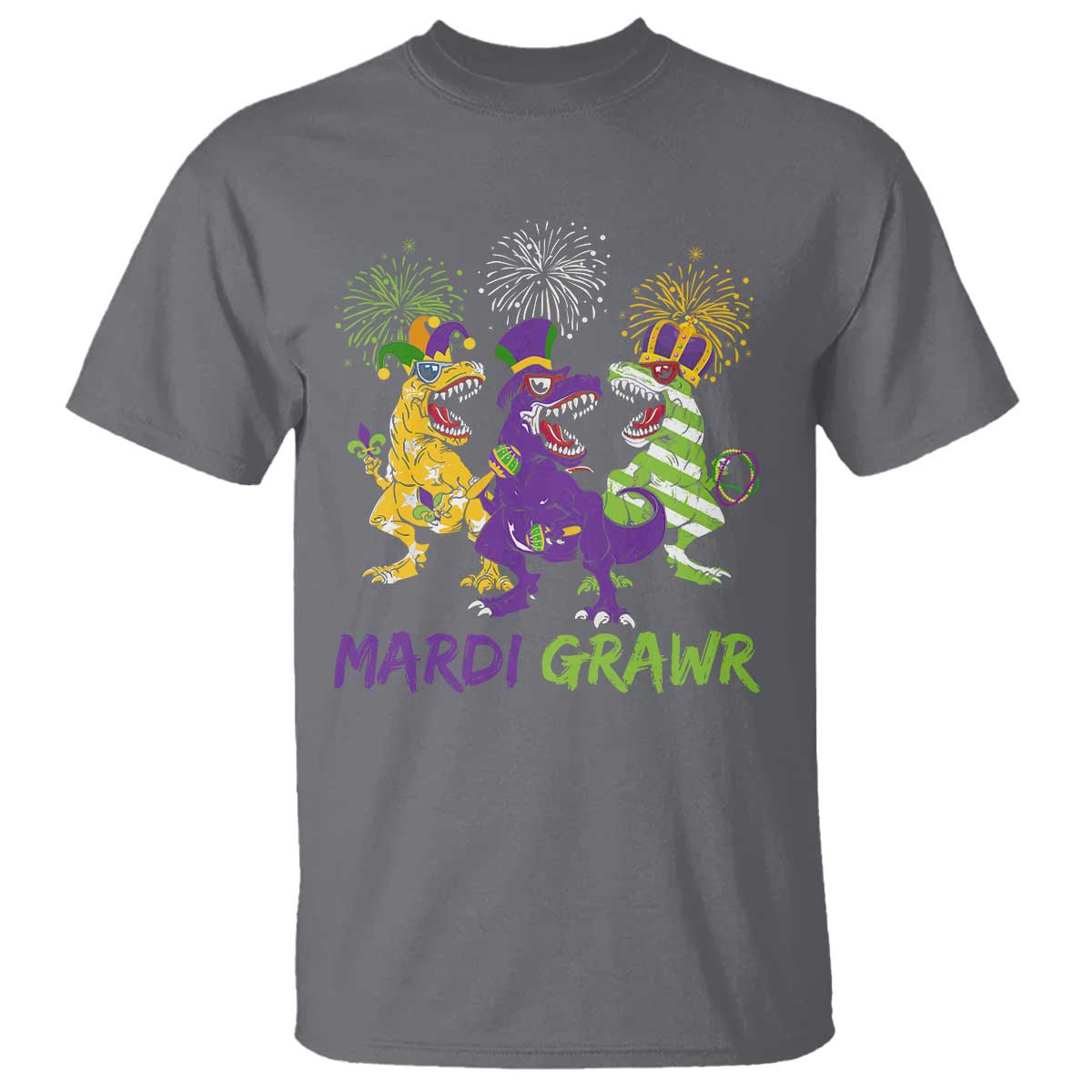Mardi Gras Dinosaur T Shirt Dino Mardi Grawr Firework TS10 Charcoal Print Your Wear