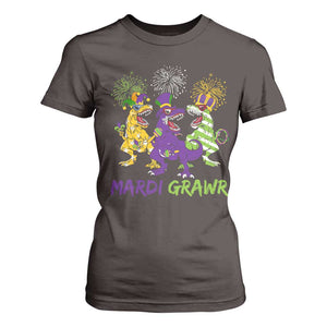 Mardi Gras Dinosaur T Shirt For Women Dino Mardi Grawr Firework TS10 Dark Chocolate Print Your Wear