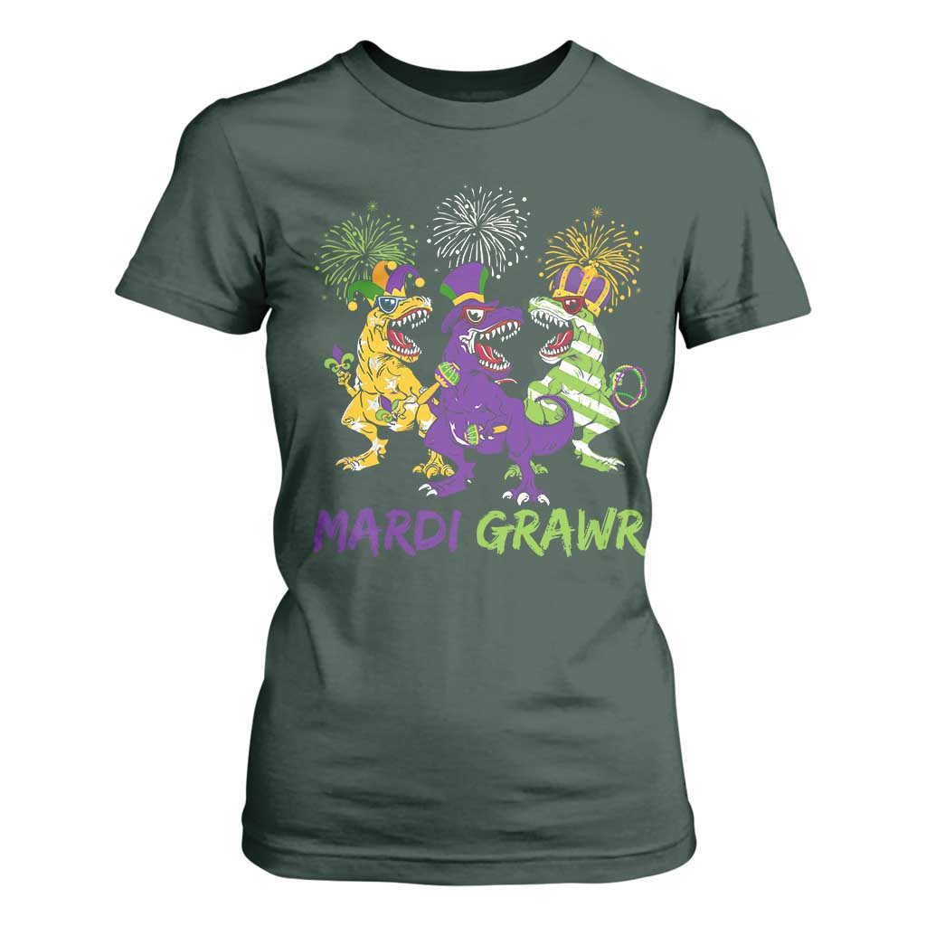 Mardi Gras Dinosaur T Shirt For Women Dino Mardi Grawr Firework TS10 Dark Forest Green Print Your Wear