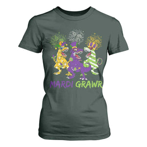 Mardi Gras Dinosaur T Shirt For Women Dino Mardi Grawr Firework TS10 Dark Forest Green Print Your Wear