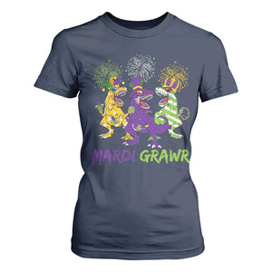 Mardi Gras Dinosaur T Shirt For Women Dino Mardi Grawr Firework TS10 Navy Print Your Wear