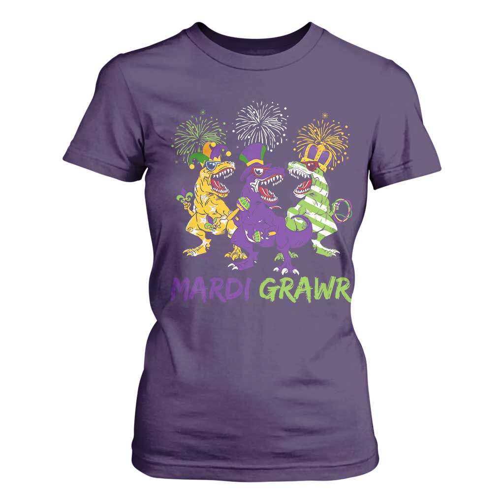 Mardi Gras Dinosaur T Shirt For Women Dino Mardi Grawr Firework TS10 Purple Print Your Wear