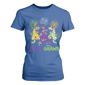Mardi Gras Dinosaur T Shirt For Women Dino Mardi Grawr Firework TS10 Royal Blue Print Your Wear