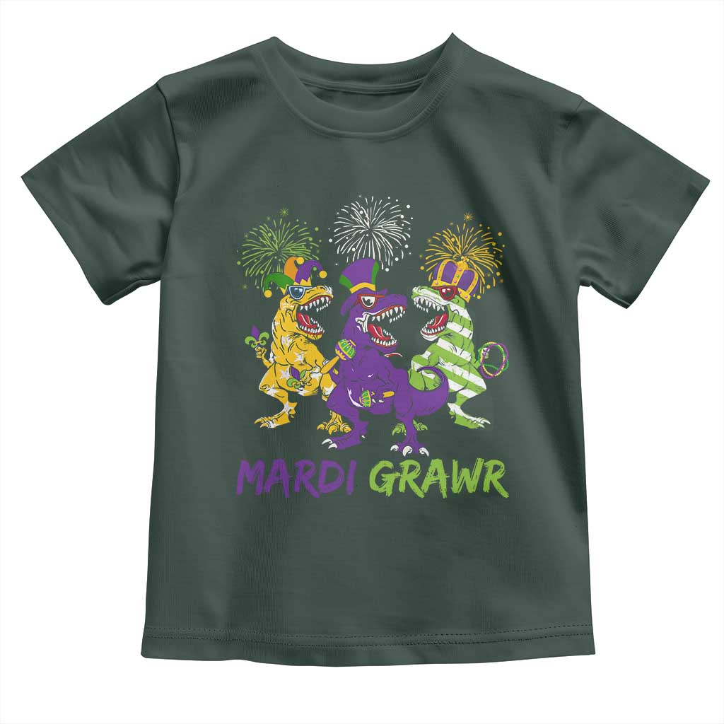 Mardi Gras Dinosaur Toddler T Shirt Dino Mardi Grawr Firework TS10 Dark Forest Green Print Your Wear
