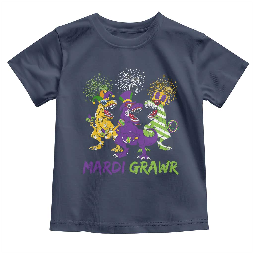 Mardi Gras Dinosaur Toddler T Shirt Dino Mardi Grawr Firework TS10 Navy Print Your Wear