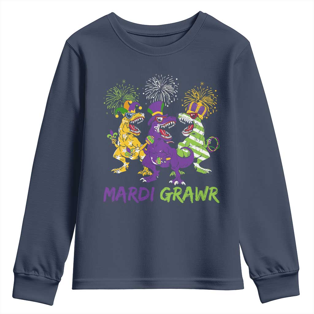 Mardi Gras Dinosaur Youth Sweatshirt Dino Mardi Grawr Firework TS10 Navy Print Your Wear
