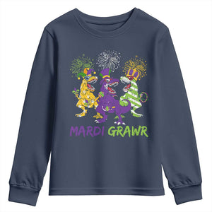 Mardi Gras Dinosaur Youth Sweatshirt Dino Mardi Grawr Firework TS10 Navy Print Your Wear