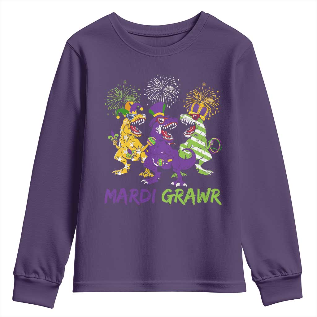 Mardi Gras Dinosaur Youth Sweatshirt Dino Mardi Grawr Firework TS10 Purple Print Your Wear