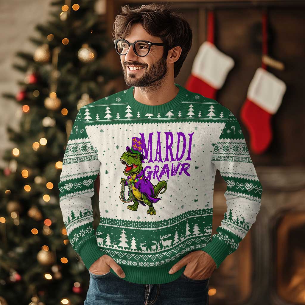 Dinosaur Mardi Gras Ugly Christmas Sweater Funny Meme New Orleans Party Custume Beads TS10 Beige Green Print Your Wear