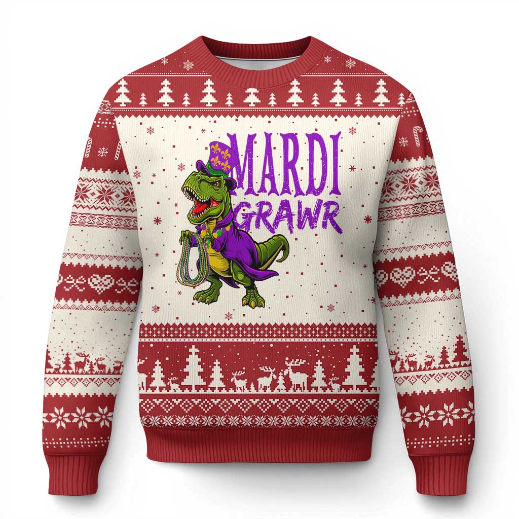 Dinosaur Mardi Gras Ugly Christmas Sweater Funny Meme New Orleans Party Custume Beads TS10 Beige Red Print Your Wear