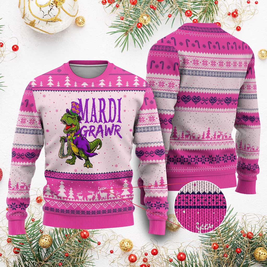 Dinosaur Mardi Gras Ugly Christmas Sweater Funny Meme New Orleans Party Custume Beads TS10 Hot Pink Print Your Wear