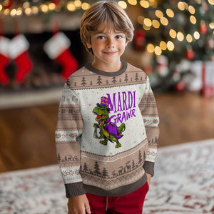 Dinosaur Mardi Gras Ugly Christmas Sweater Funny Meme New Orleans Party Custume Beads TS10 Mocha Mousse Print Your Wear