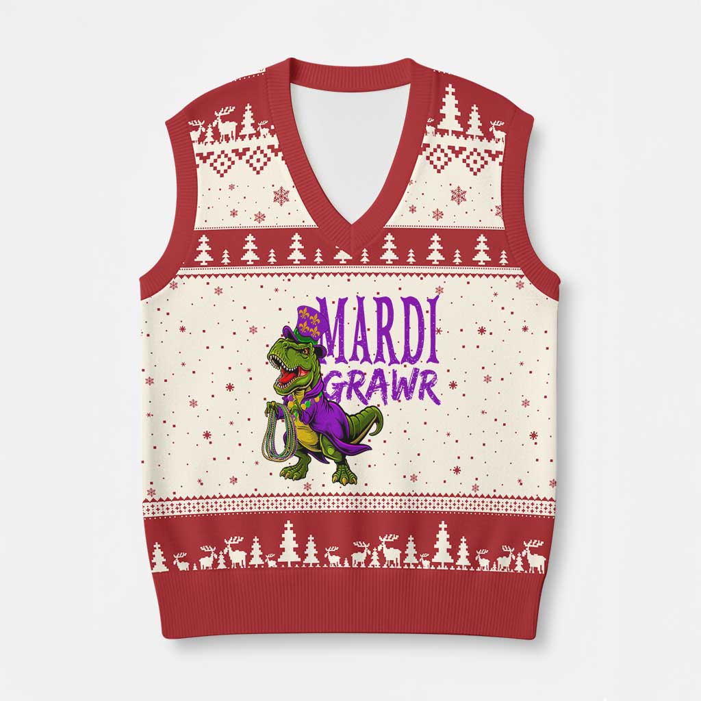 Dinosaur Mardi Gras V-Neck Knit Sweater Vest Funny Meme New Orleans Party Custume Beads TS10 Beige Red Print Your Wear