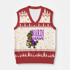 Dinosaur Mardi Gras V-Neck Knit Sweater Vest Funny Meme New Orleans Party Custume Beads TS10 Beige Red Print Your Wear