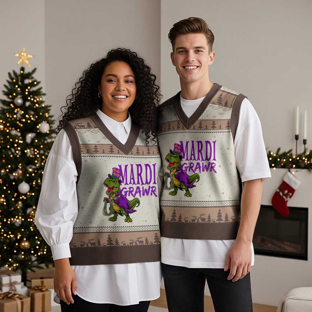 Dinosaur Mardi Gras V-Neck Knit Sweater Vest Funny Meme New Orleans Party Custume Beads TS10 Mocha Mousse Print Your Wear