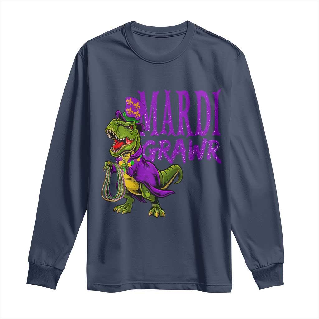 Dinosaur Mardi Gras Long Sleeve Shirt Funny Meme New Orleans Party Custume Beads TS10 Navy Print Your Wear