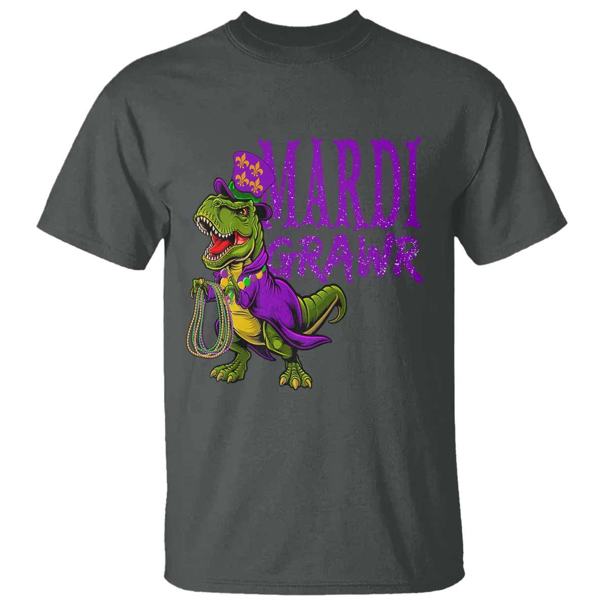 Dinosaur Mardi Gras T Shirt Funny Meme New Orleans Party Custume Beads TS10 Dark Heather Print Your Wear