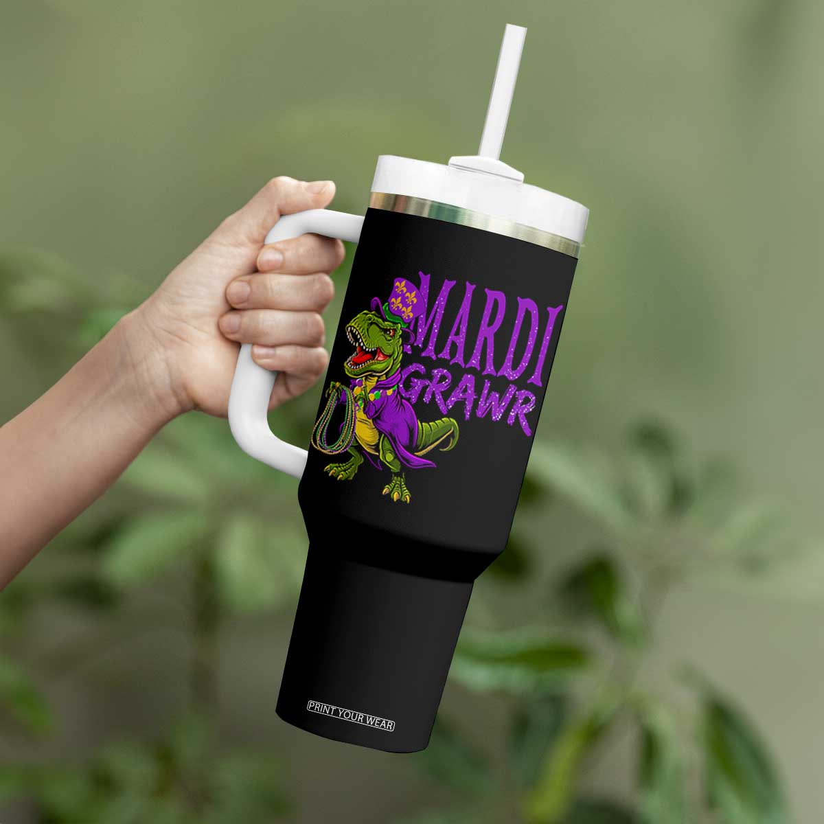Dinosaur Mardi Gras Tumbler With Handle Funny Meme New Orleans Party Custume Beads TS10 Print Your Wear
