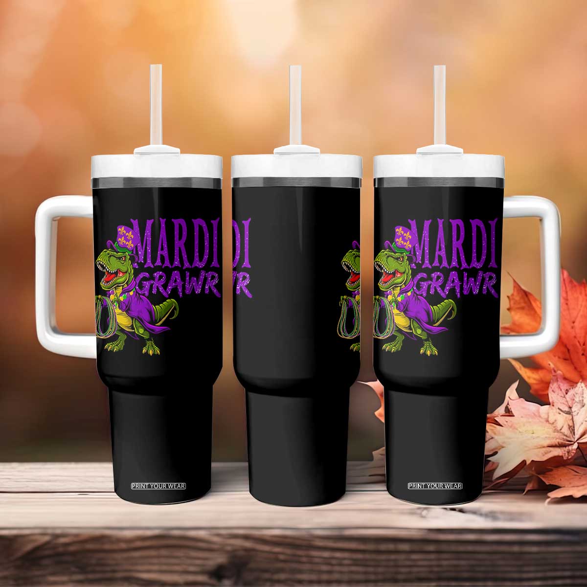 Dinosaur Mardi Gras Tumbler With Handle Funny Meme New Orleans Party Custume Beads TS10 Print Your Wear