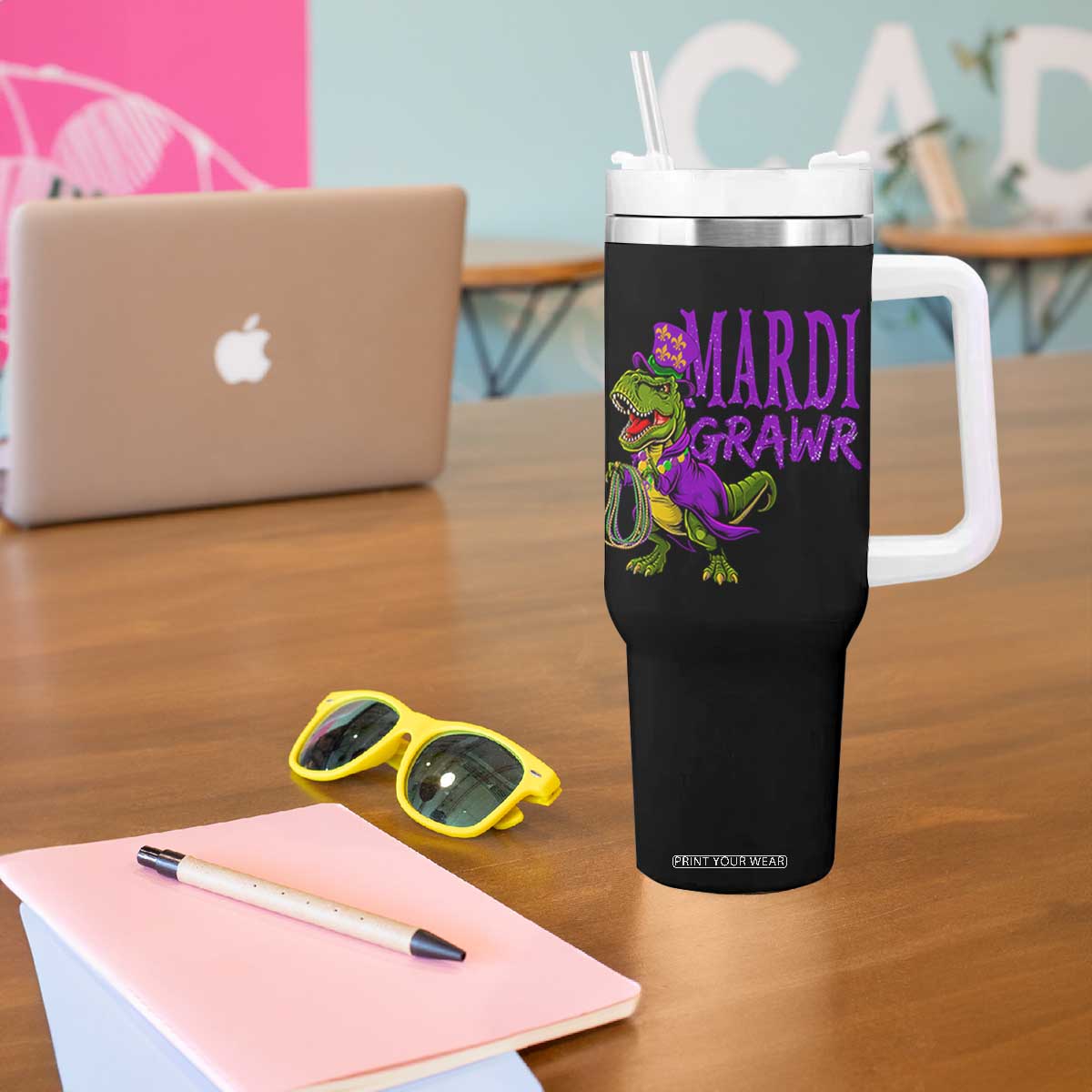 Dinosaur Mardi Gras Tumbler With Handle Funny Meme New Orleans Party Custume Beads TS10 Print Your Wear