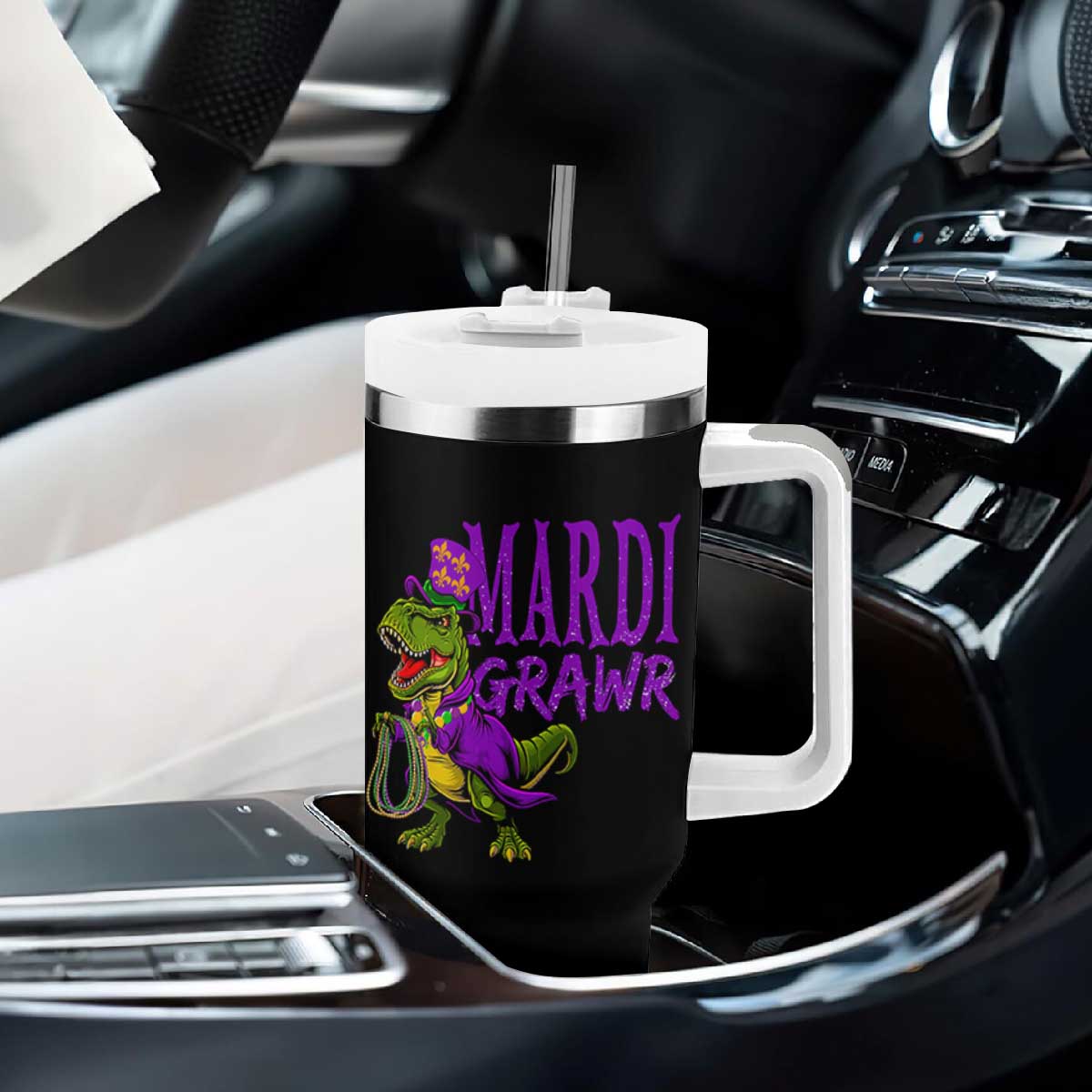 Dinosaur Mardi Gras Tumbler With Handle Funny Meme New Orleans Party Custume Beads TS10 Print Your Wear