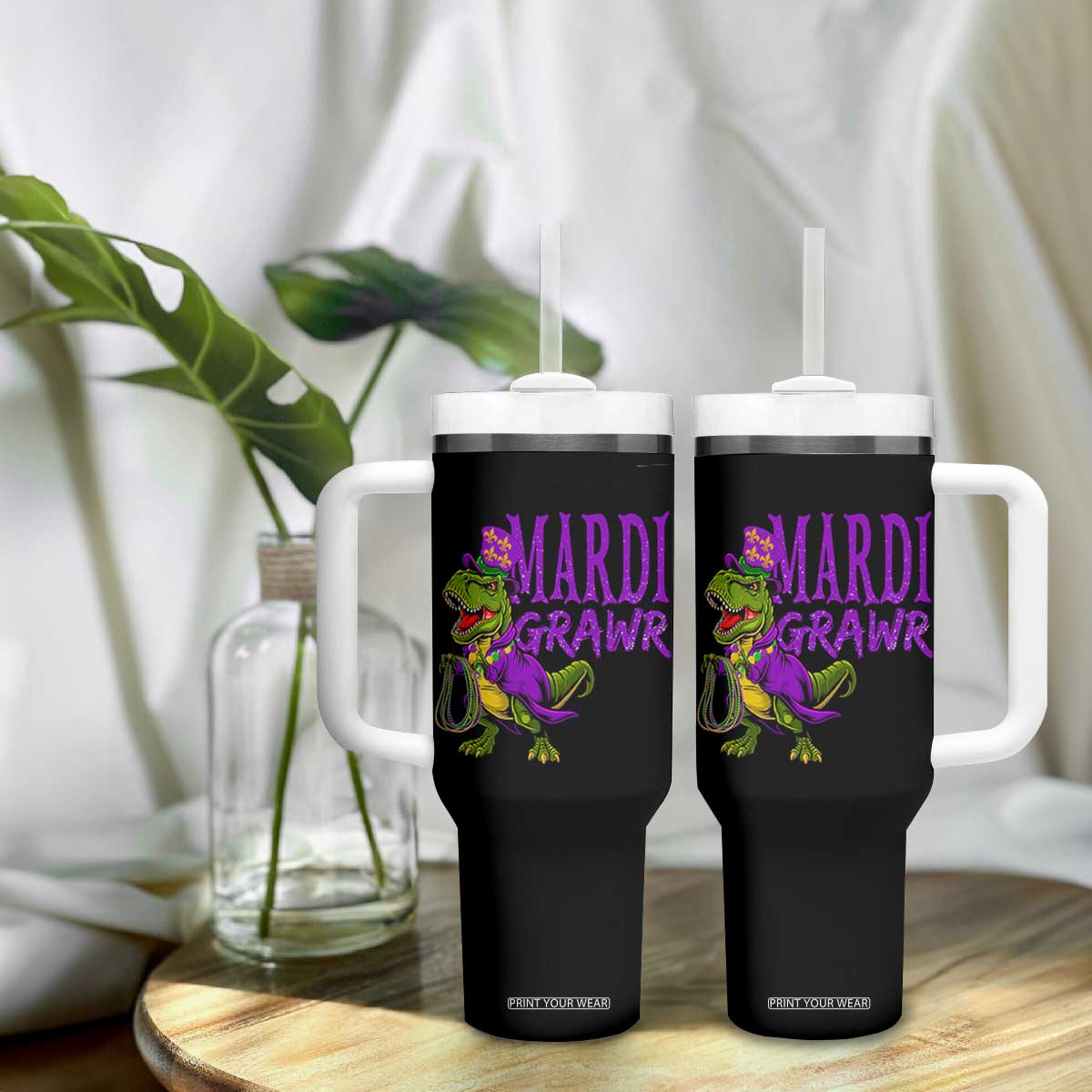 Dinosaur Mardi Gras Tumbler With Handle Funny Meme New Orleans Party Custume Beads TS10 Print Your Wear