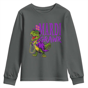 Dinosaur Mardi Gras Youth Sweatshirt Funny Meme New Orleans Party Custume Beads TS10 Dark Heather Print Your Wear