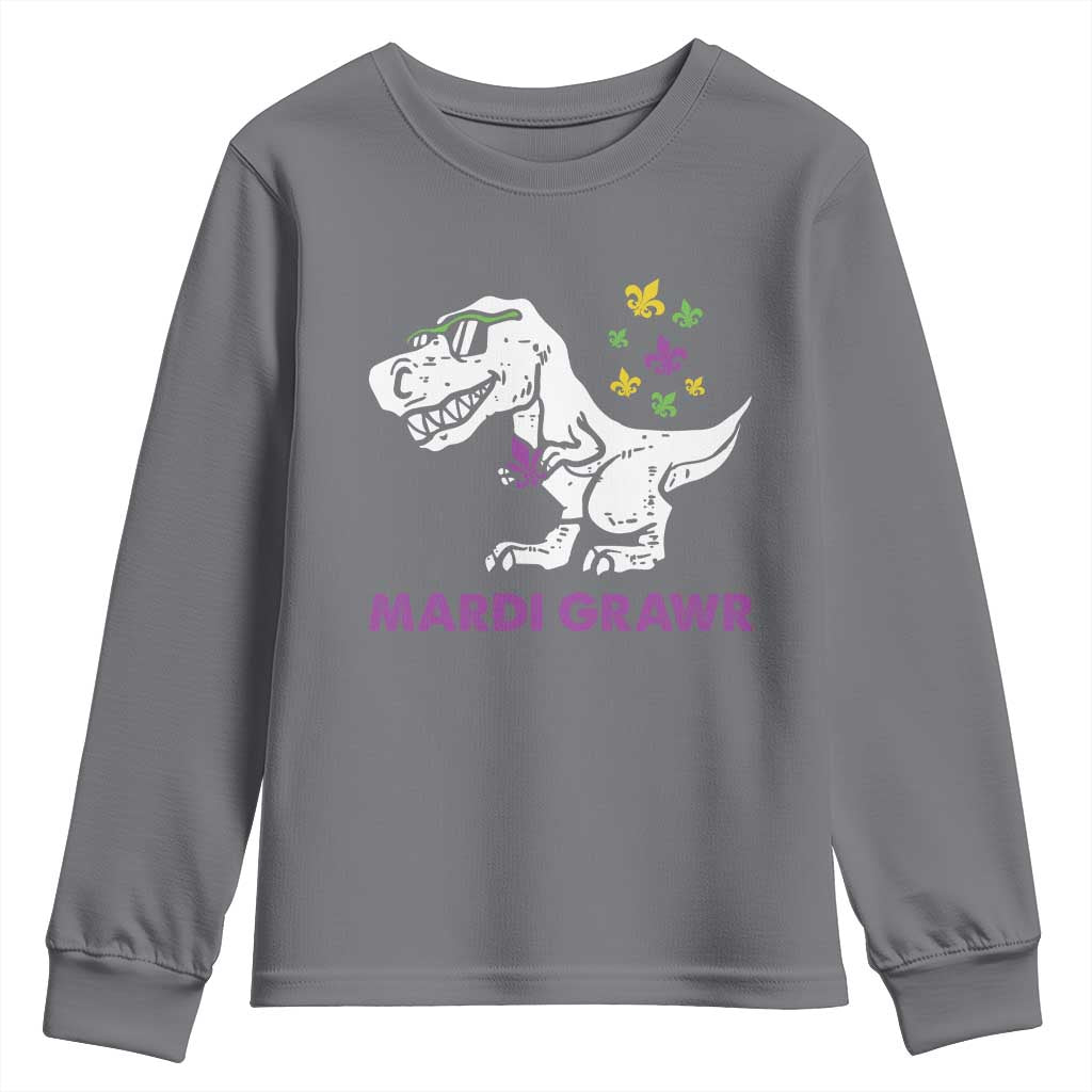 Mardi Gras Grawr Dinosaur Youth Sweatshirt Fat Tuesday Kids TS10 Charcoal Print Your Wear